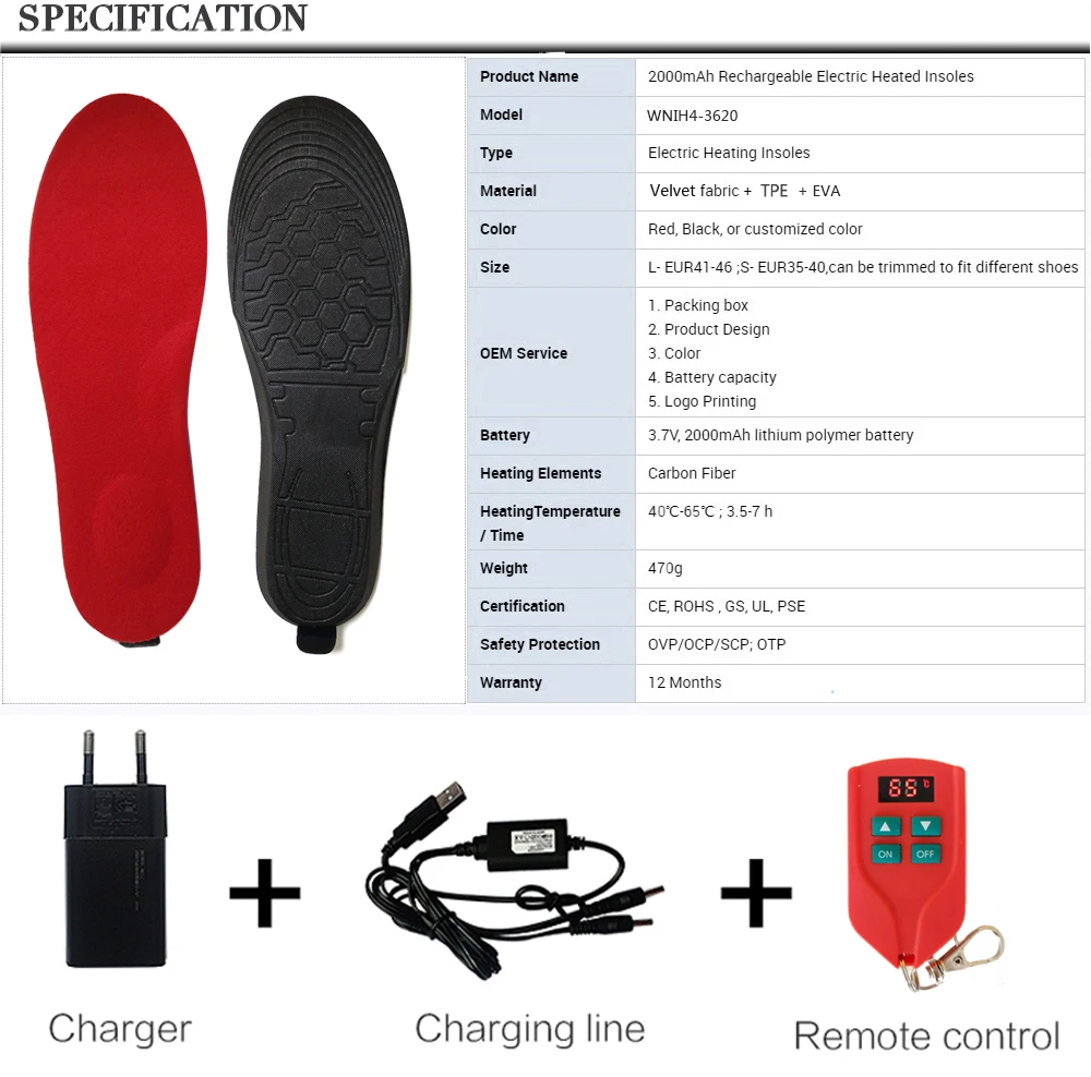 2000mAh Electric Heated Insoles LED Wireless Remote Control EVA Rechargeable Foot Warmer Sports Shoes Pads Size 35-46 Can Be Cut