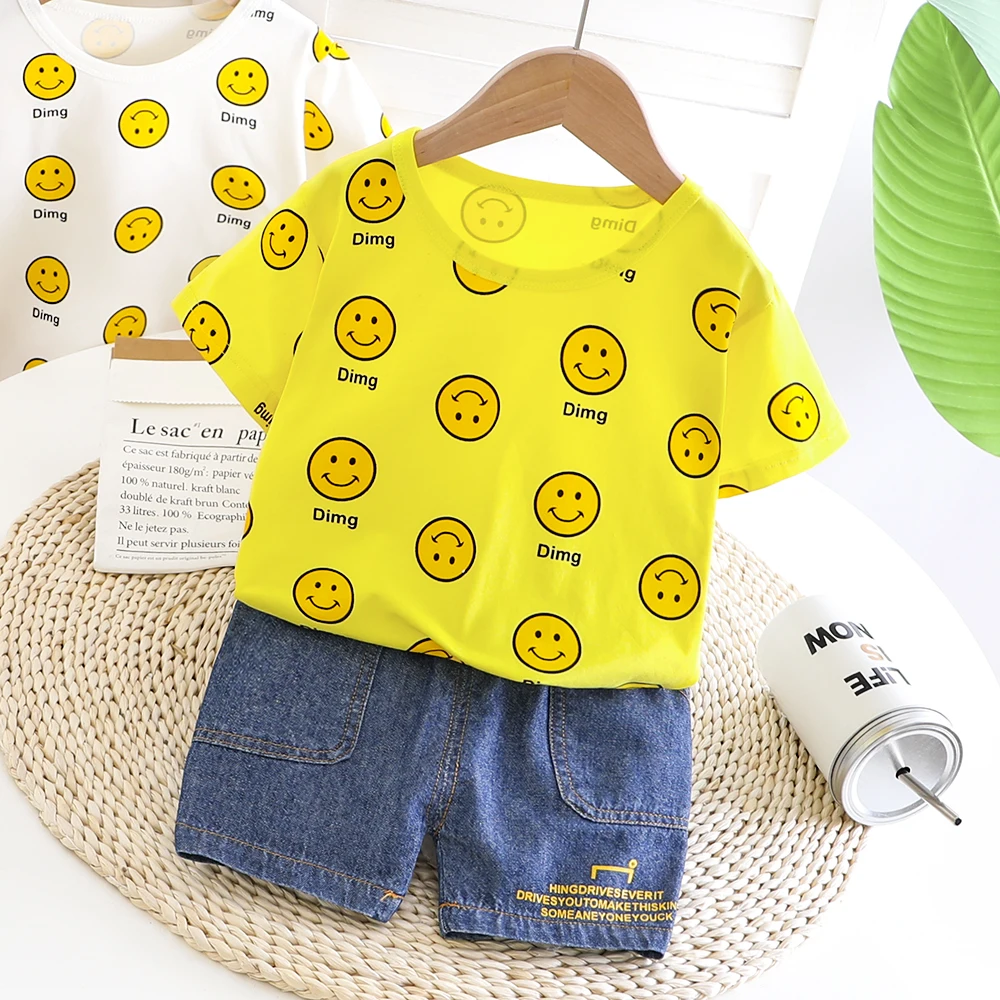 Одежда для мальчиков и девочек Футболка со смайликом синяя короткая одежда детей