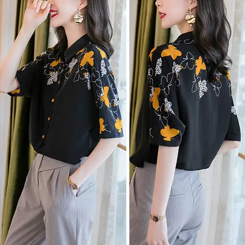 

Black printed short-sleeved shirt women 2021 summer new casual loose shirt fashion all-match chiffon shirt top