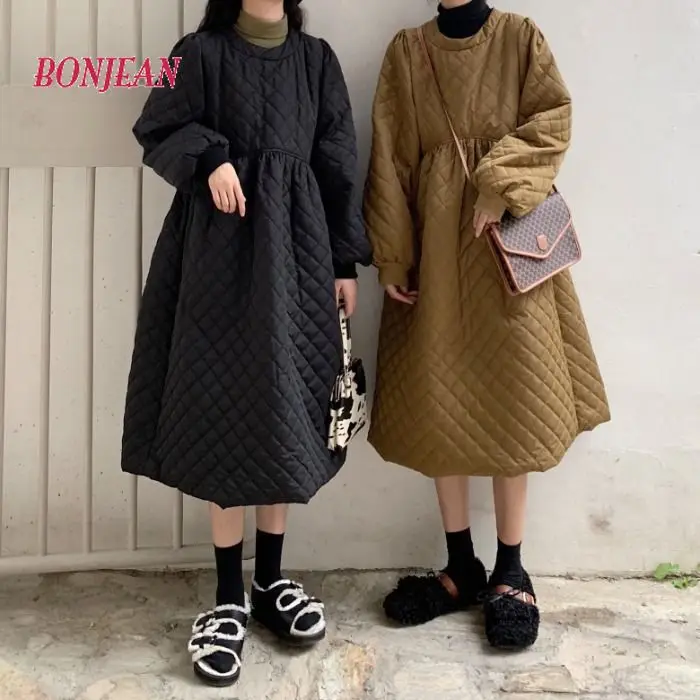 Women 2021 Parka Dress O Neck Rhombus Quilting Padded Long Sleeve Dress Warm Winter Streetwear Parkas Waistcoat Dress Vestidos