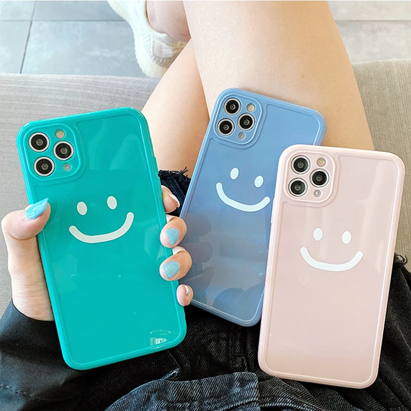 

Cute Cartoon Smile Shockproof Phone Case For iPhone 13 Pro Max 12 Mini 11 X XR XS 7 8 Plus Candy Color Camera Protection Cover