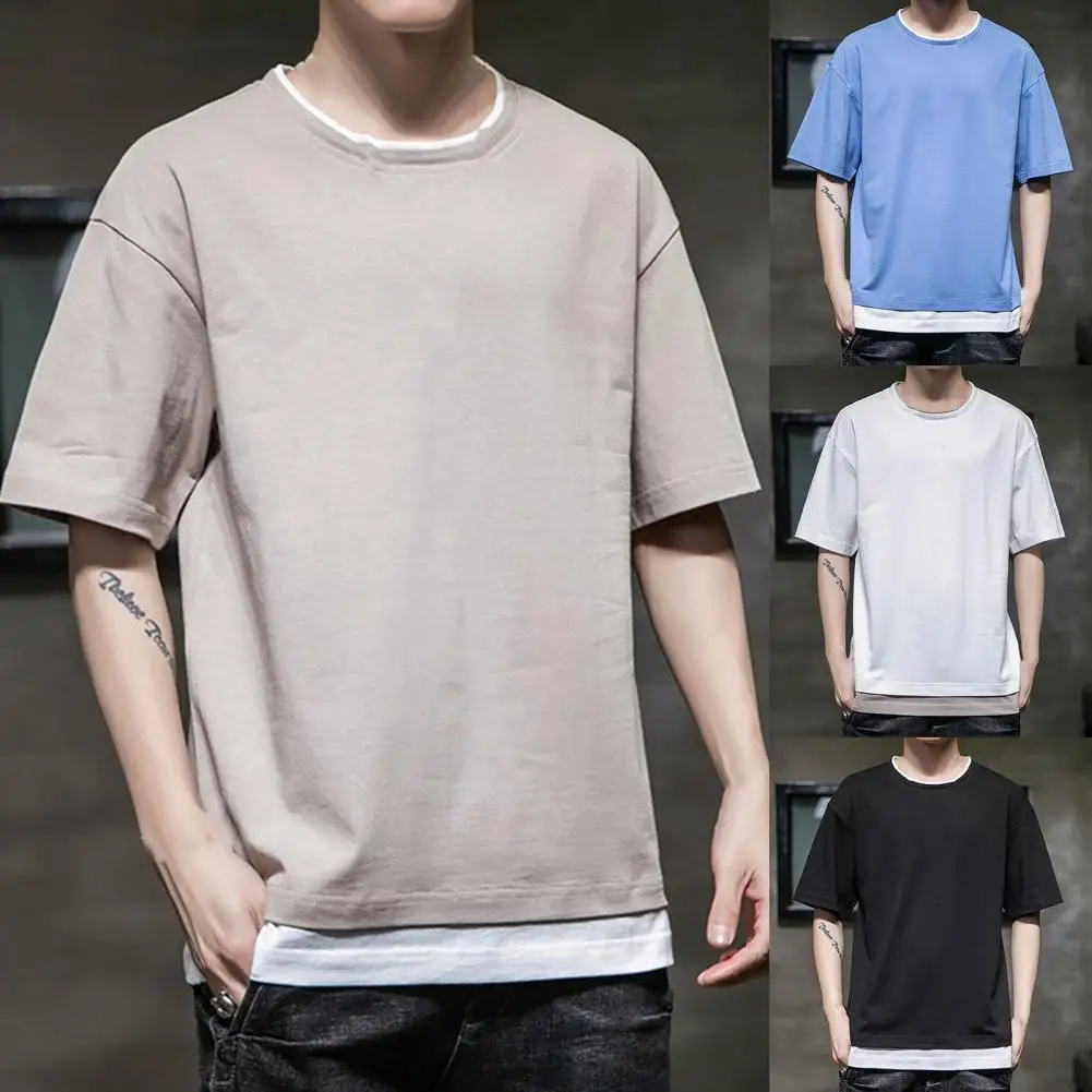 

Men T-shirt Fake Two Piece Solid Color Summer Short Sleeve Round Neck Top for Dating