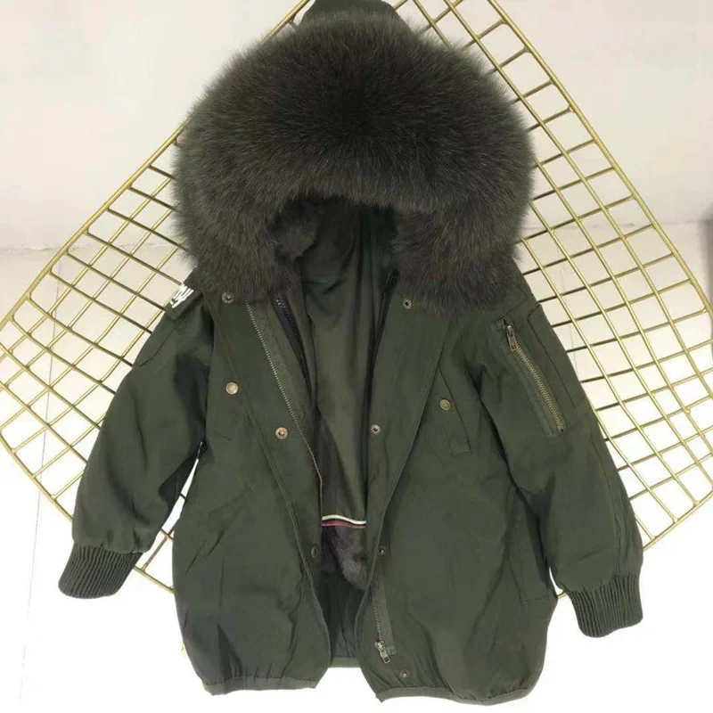 green army green fur Настоящий мех кролика, парки, пальто с капюшоном из лисьего меха, Детская куртка для мальчиков и девочек, ветровка, детская зимняя одежда - Цвет: green army green fur