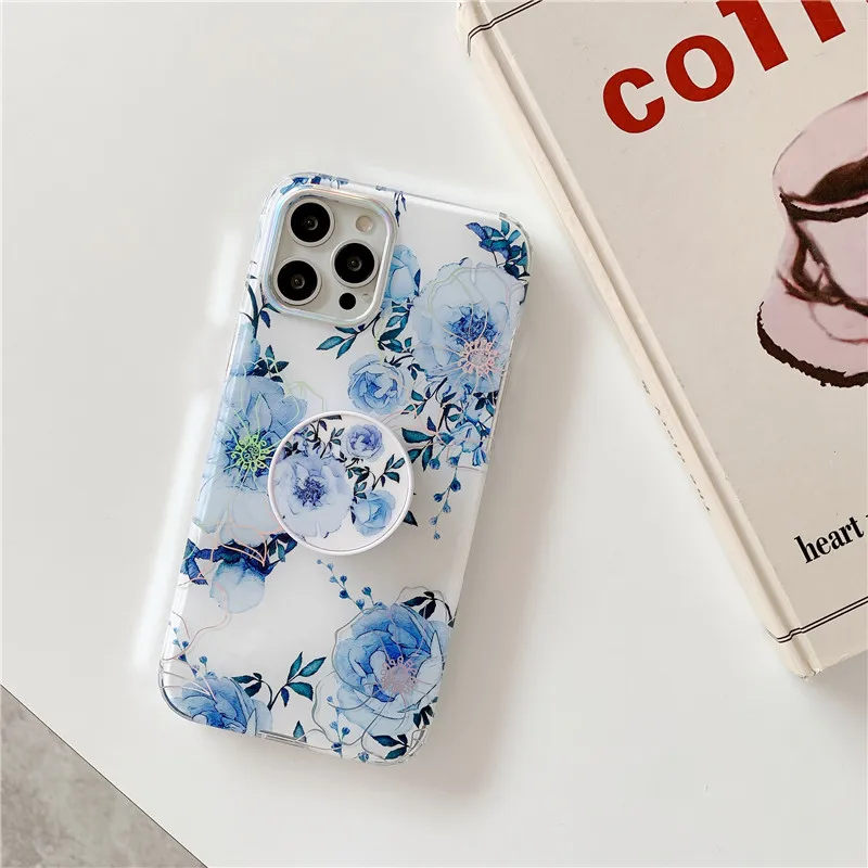 

for iPhone 11 12 Pro Max 12 mini Luxury Flower Fold Finger Ring Stand Phone case for iPhone 7 8 Plus SE2 2020 Phone case