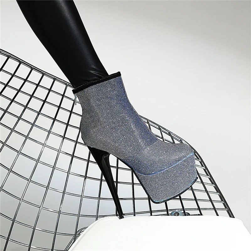 Ботильоны женские на платформе с блестками высоком каблуке 16 см серебристые