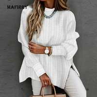 spring autumn long sleeve pullover top casual women solid side slit loose sweater elegant lady half high collar patchwork jumper