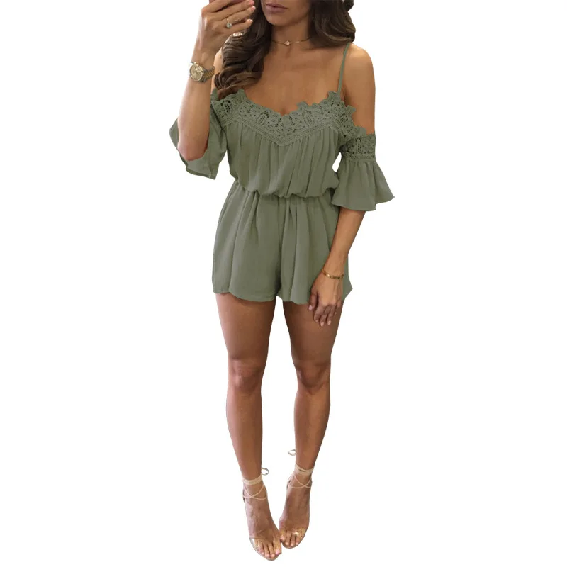 

Popular Holiday Beach Playsuits Lace Shoulder Jumpsuit Romper White Gray Black Pink Rompers