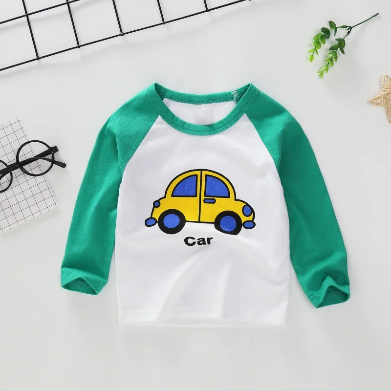 3204B Green Car Новые весенние хлопковые футболки с рисунком для мальчиков и девочек, детские футболки, футболки с длинными рукавами для мальчиков и девочек, детские топы, брендовая одежда для малышей 12 мес.-8 лет - Цвет: 3204B Green Car