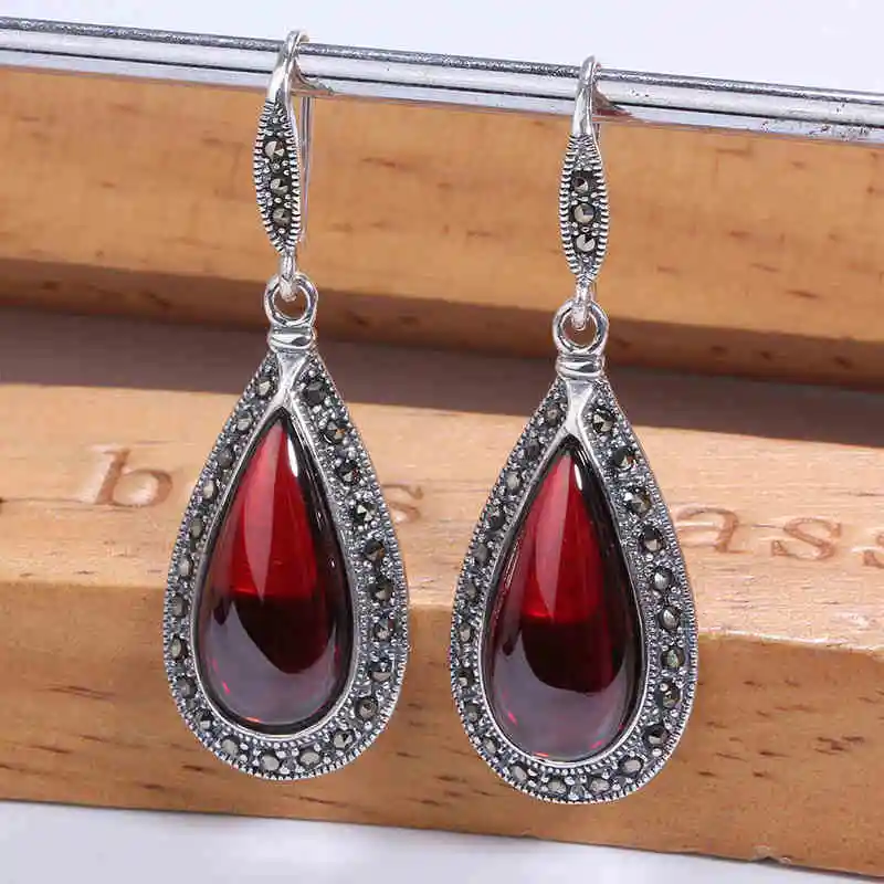 

ZHJIASHUN VINTAGE 100% 925 STERLING SILVER GARNET RUBY BIG EARRINGS FOR WOMEN RETRO NATURAL GEMSTONES EARRING JEWELRY FEMALE