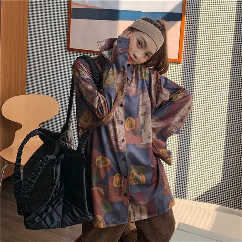 

HziriP Hot Loose Slender All Match Slim Casual Chic Painting Shirts 2021 Women Office Lady Brief Streetwear Mid-Length Blouses