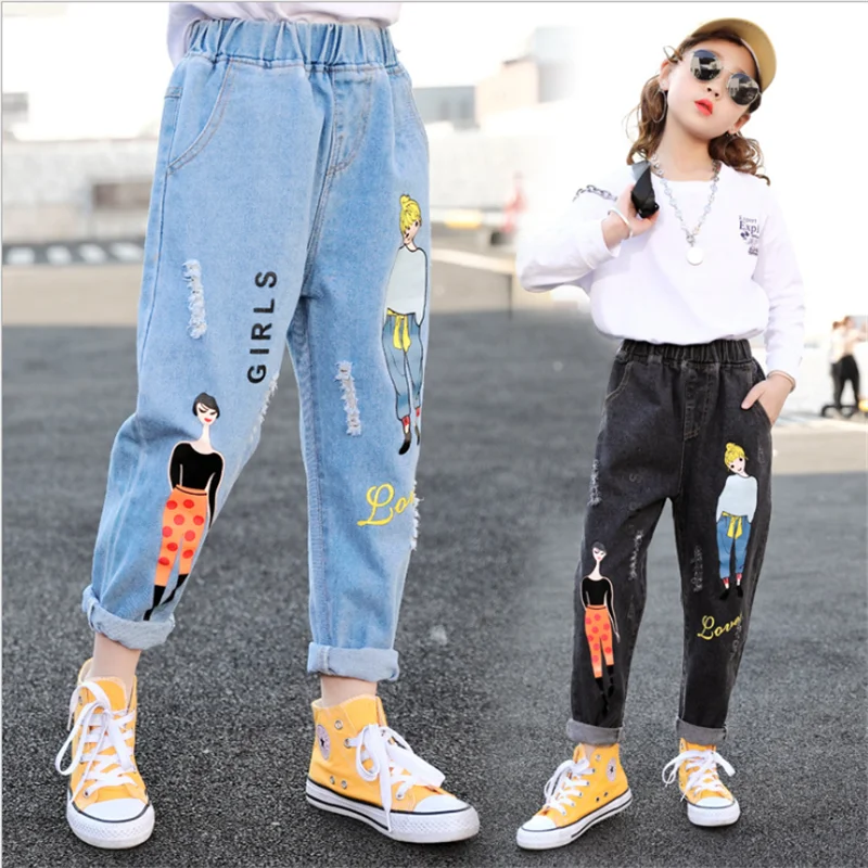 

2021 мода мультфильм джинсы для девочек-подростков; Одежда для детей джинсы с эластичной резинкой на талии, джинсовые штаны, детские штаны для...