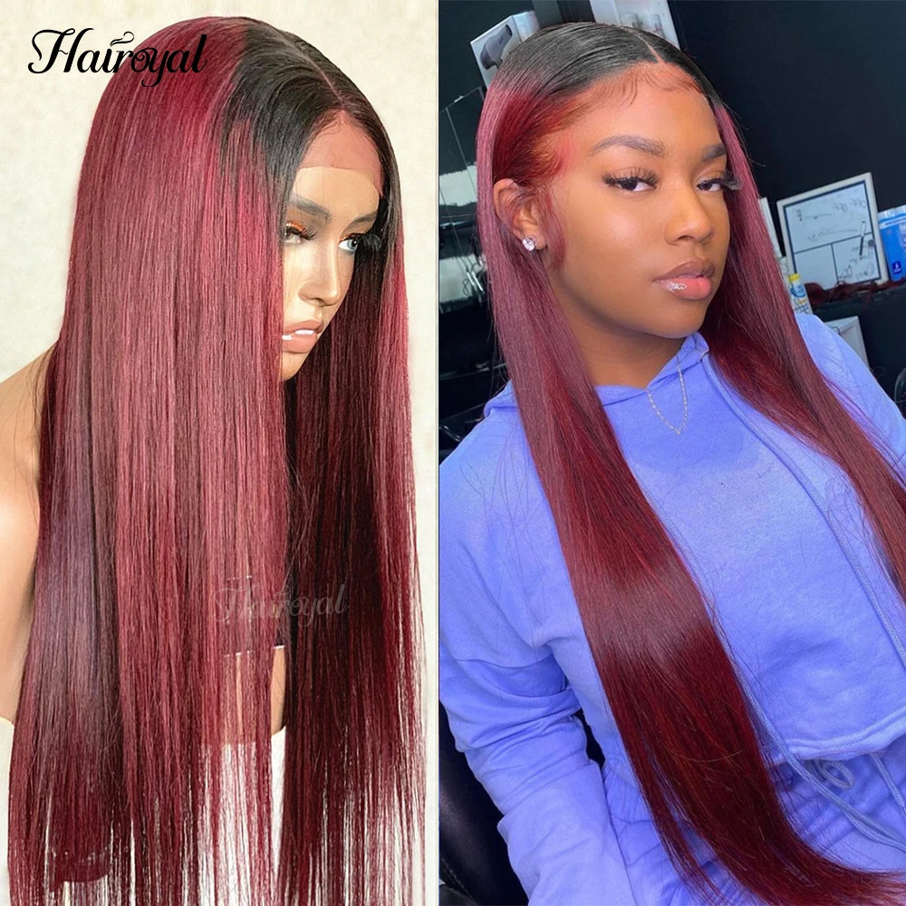 

360 HD Glueless Frontal 1B 99J Red Burgundy Straight 13x4 Lace Front Human Hair Wig For Women Brazilian Remy Ombre Pre Plucked