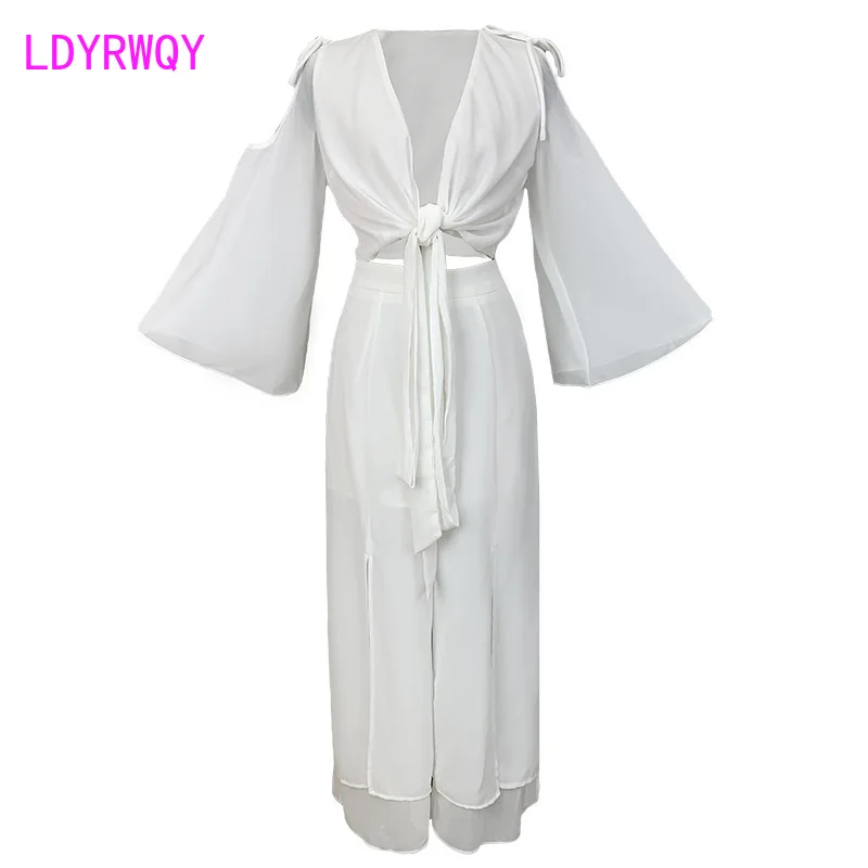 

LDYRWQY 2021 Summer New Fashion Temperament Lace-up Off-the-shoulder Top + High Waist Split Wide Leg Pants Two-Piece Set