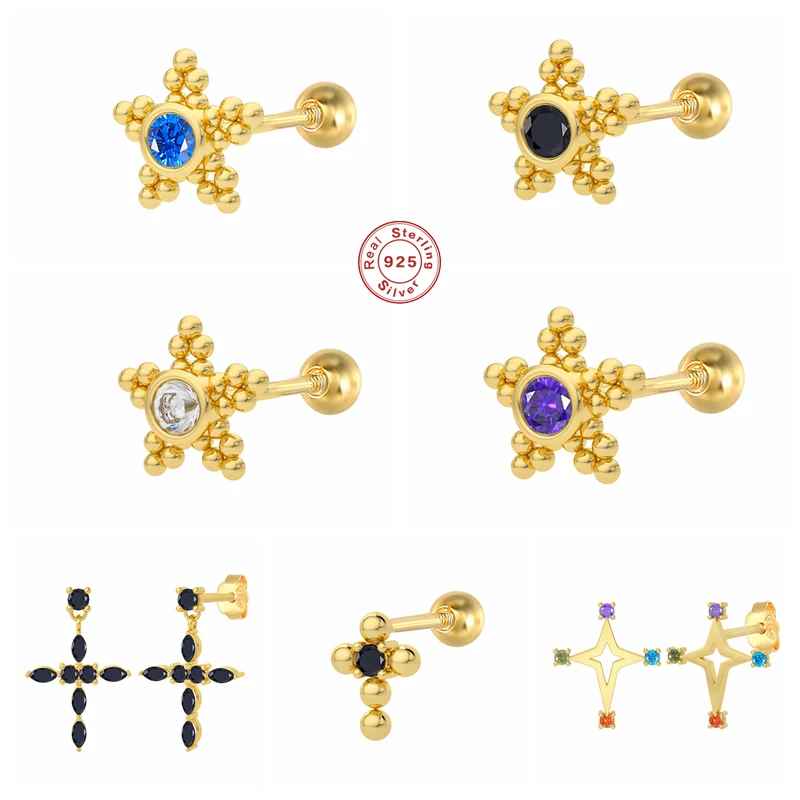 

BOAKO 925 Sterling Silver Black Blue Crystal Cross Stud Earrings For Women Beads Star Shape Ear Studs Piercing Pendiente Jewelry