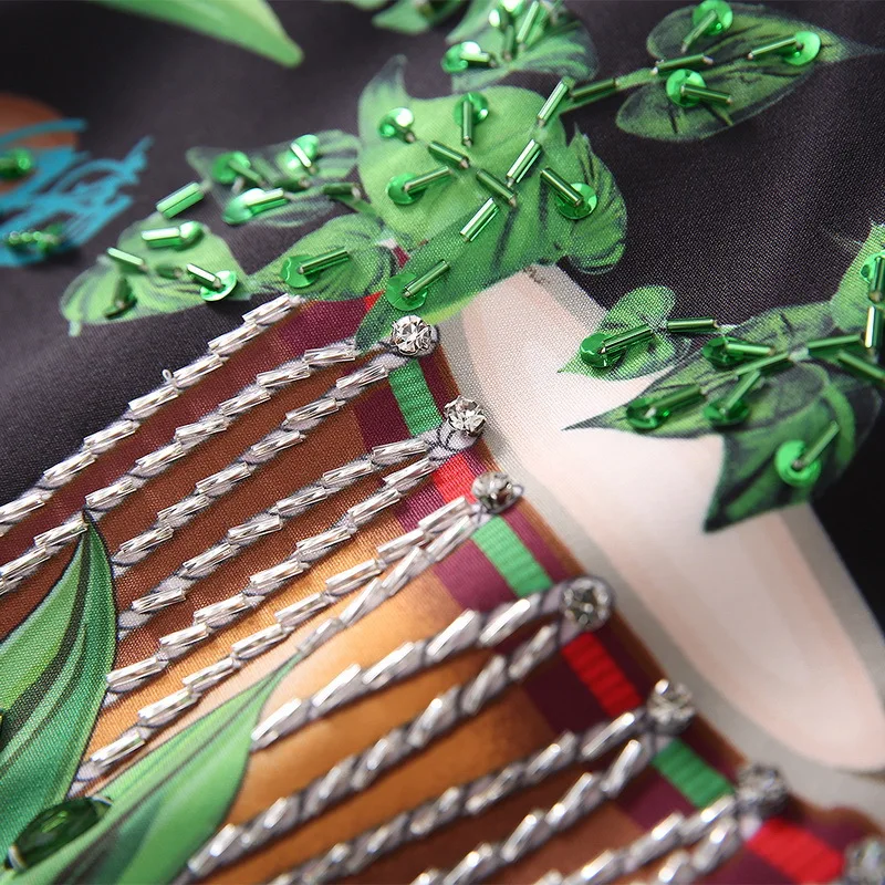 

European and American women's clothing 2021 The new spring Short sleeve nail bead ethnic drum printing Fashionable dress