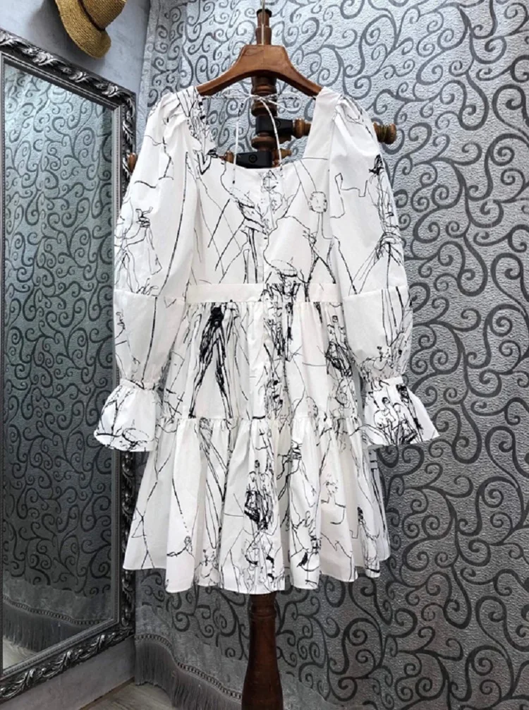 

100%Cotton Dress 2020 Autumn Style Women Sexy Square Collar Black White Color Block Patchwork Long Sleeve A-Line Casual Dress