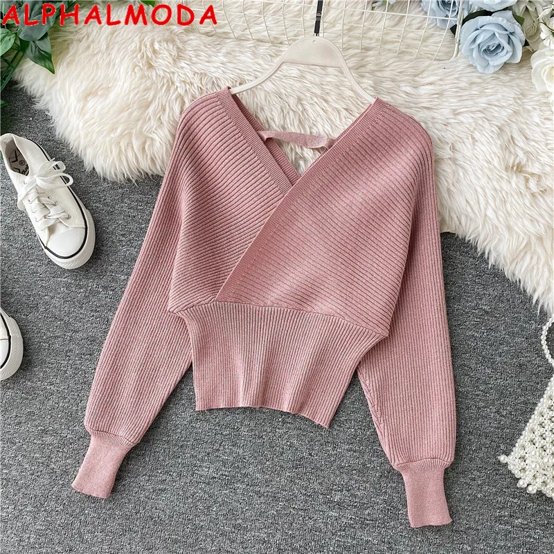 Женский вязаный свитер ALPHALMODA однотонный с рукавами летучая мышь на осень/зиму 2019