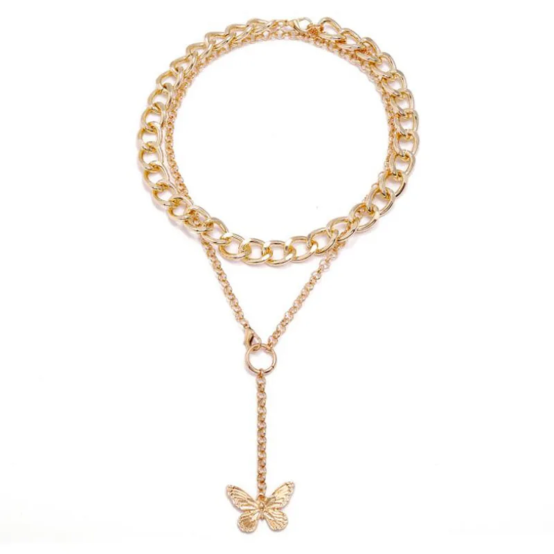

Punk Vintage Exaggerated Double Layer Chain Butterfly Pendant Choker Necklace For Women Girl Statement Collares Jewelry