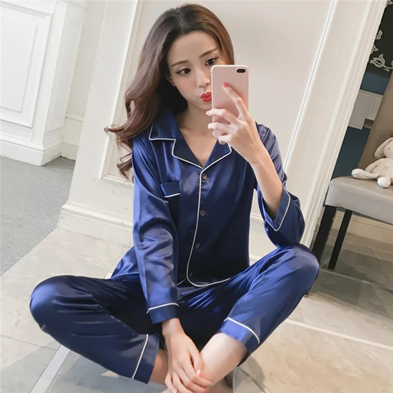 

Women Pajamas Solid Color Cardigan Long-Sleeved Quality Simulation Silk Pajamas Set Home Service Suit Ladies Casual Loose