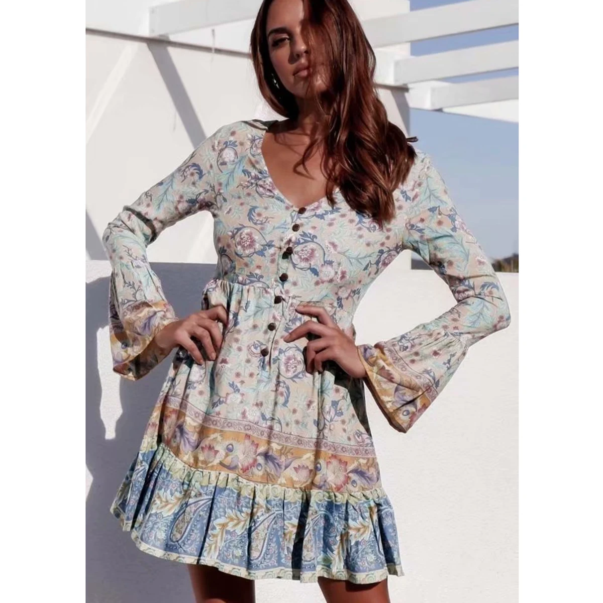 Женское платье с длинным рукавом V образным вырезом и цветочным принтом|Женские