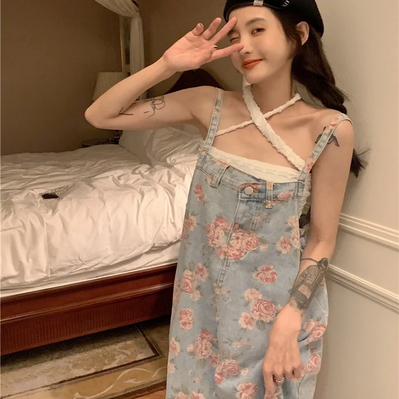 

France College Style Vintage Sweety Girly Strap Dress Square Collar High Waist Sleeveless Kawaii Floral Straight Denim Dresses