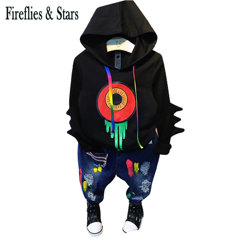 Спортивный костюм для мальчиков 2 шт. свитшот с капюшоном и рваные джинсы принтом