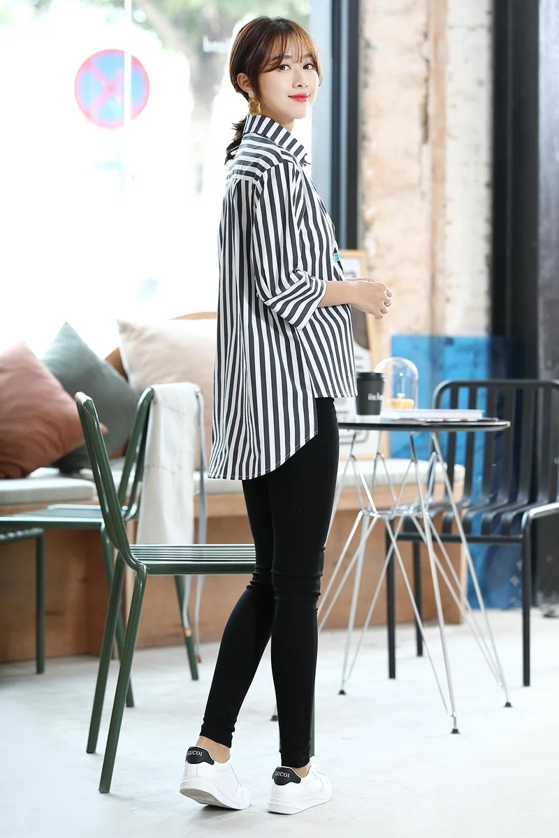 

Women's Blouses Fashion Tops Casual Shirts 3/4 Sleeve Top Stripes Blouse Cotton Polo Shirt Korean New Summer