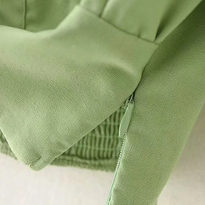 

Aachoae Cotton Linen Cropped Blouses Women Chic Ruffle Short Sleeve Green Tops Sweet V Neck Solid Casual Blouse Shirt Blusas