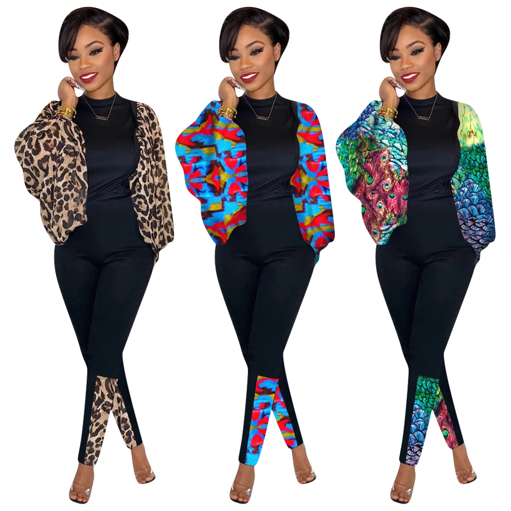 Winter Women Set Tracksuit Full Lantern Sleeve Leopard Print Tops Pants Suit Two Piece Night Club party Fitness Outfits 3912 | Женская