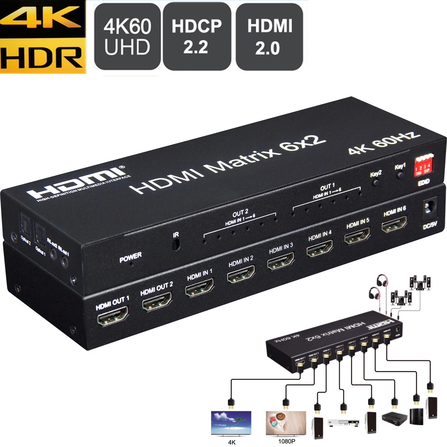 

4K 60hz 6x2 HDMI 2.0 Matrix 6 IN 2 OUT HDMI Splitter Switch 4x2 HDMI Matrix Audio Video Converter EDID for Laptop PC TV Monitor