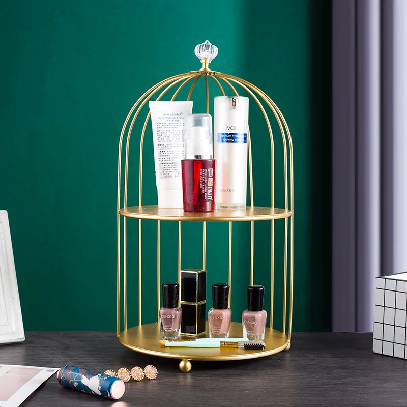 Estante de hierro de estilo n&oacute;rdico para el cuidado de la piel, jaula para p&aacute;jaros, l&aacute;piz labial, Perfume, cosm&eacute;ticos, estante de almacenamiento de productos, estante de mesa de acabado-1
