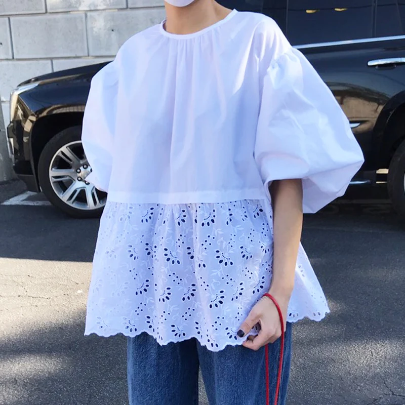 Женская кружевная блузка [EWQ] белая с круглым вырезом и пышными рукавами ажурная