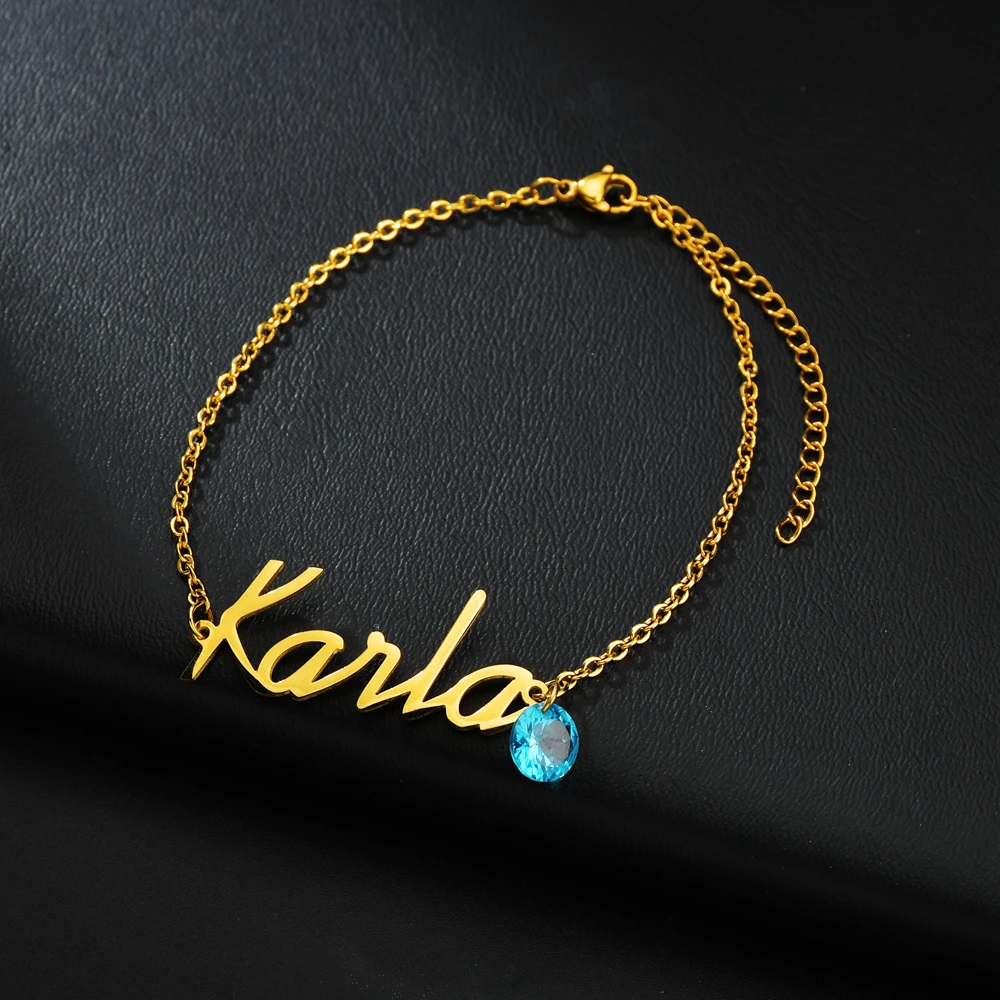 Браслет женский из нержавеющей стали с надписью и камнем по месяцу рождения |