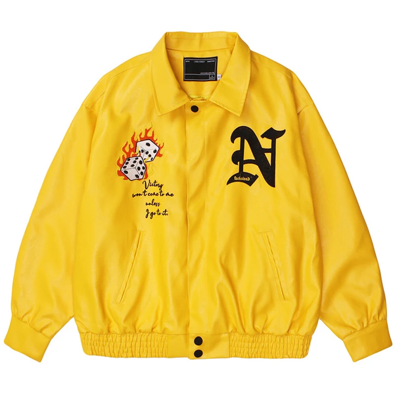 

Mens Dice Fire Embroidery Leather Jackets Vintage Harajuku Male Motorcycle Jacket Autumn Unisex Oversized V-neck Streetwear Top