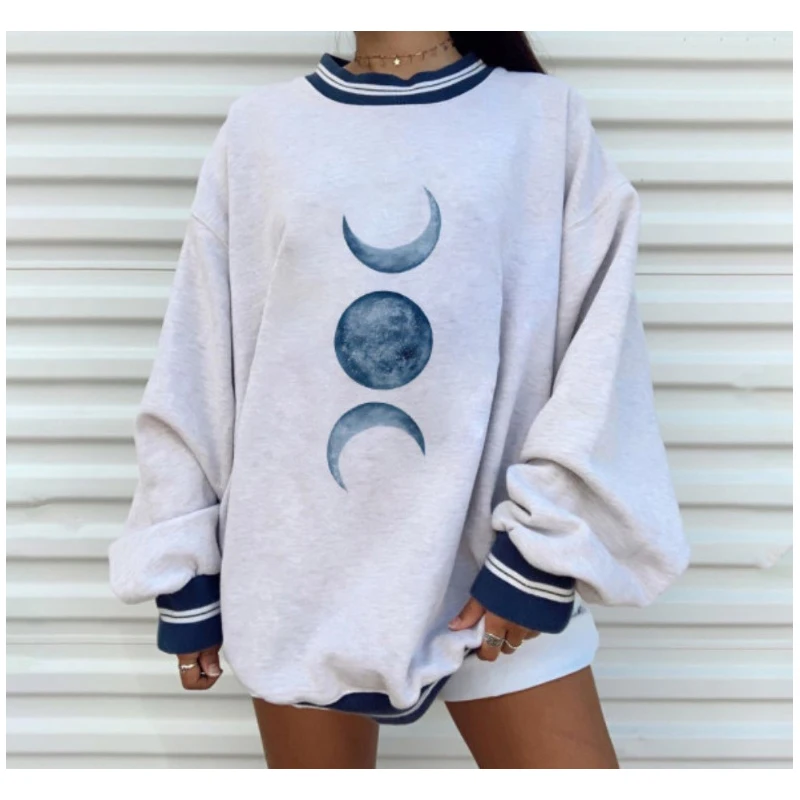 

Long Sleeve Top Women Casual cute Woman Shirttops Sun Moon Printed Plus Size Long Sleeved Sweater T Shirt Women