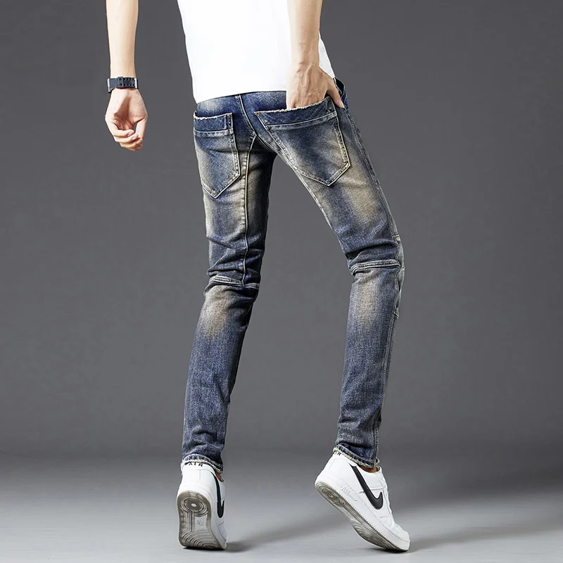 

American Streetwear Fashion Men Jeans Retro Blue Spliced Designer Slim Fit Denim Punk Pants High Quality Hip Hop Biker Jeans Men