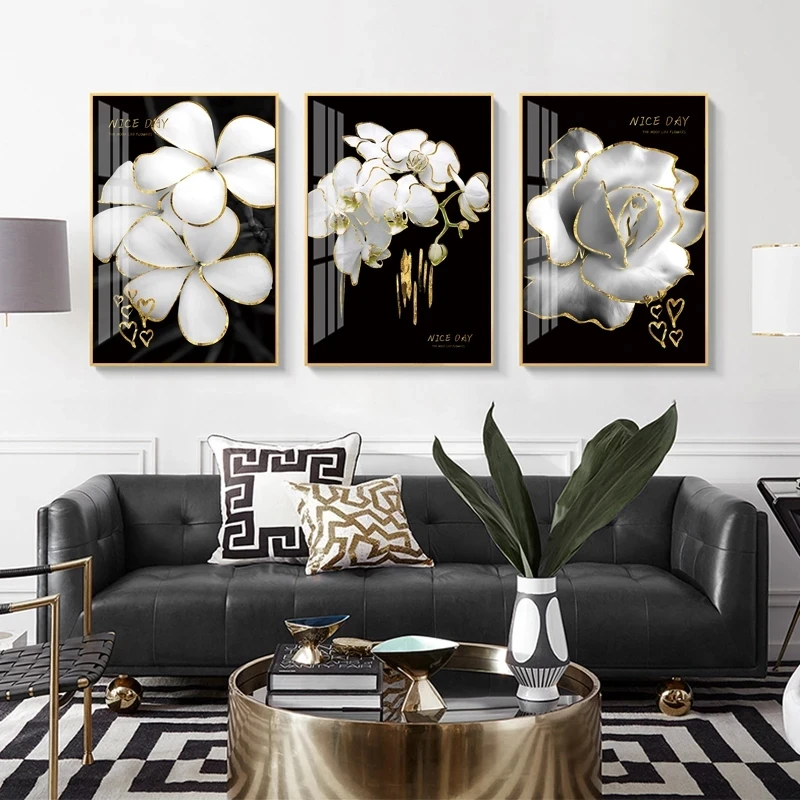 

Home Decoration Abstract Golden Painting Poster Flower Leaf Wall Art Canvas Modular Living Room Frameless Picture