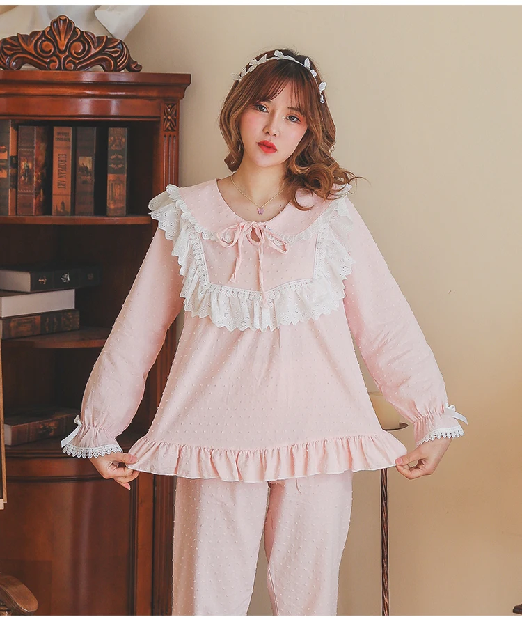 

Girls Cute Pajamas 2021 Spring and Summer Jacquard Cotton Thin Pullover Sleepwear Plus Size Hollow Lace Homewear 2-Piece Set