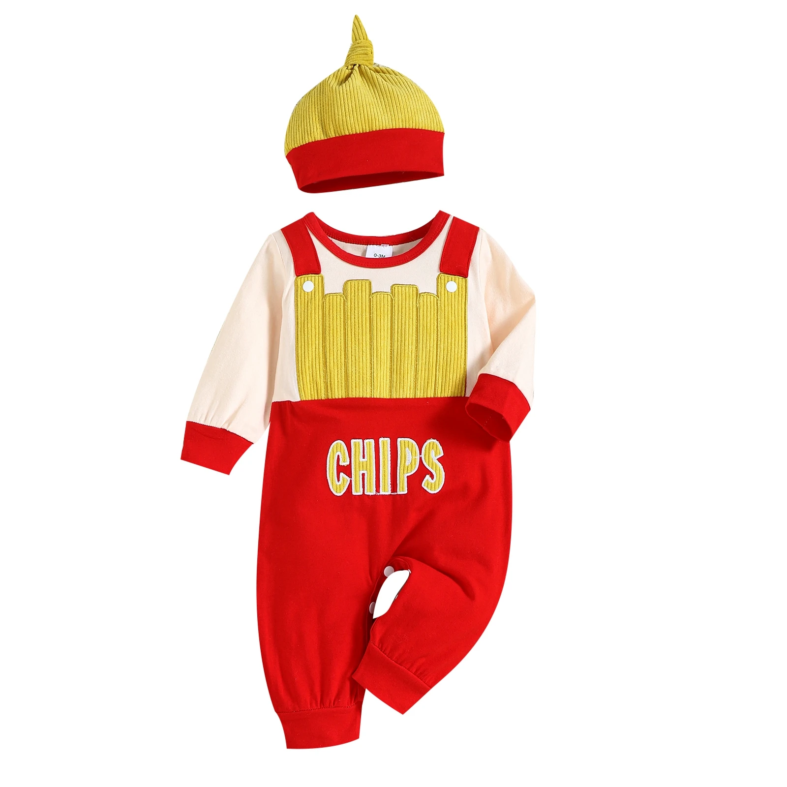 

Newborn Baby Clothes Autumn Spring Cotton Outfit Infant French Fries Print Long Sleeve Rompers Jumpsuit with Hat Casual Set