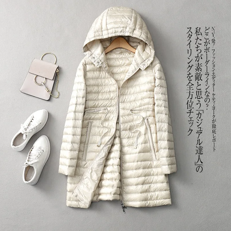Новинка зимняя пуховая куртка средней длины с капюшоном легкий пуховик и поясом