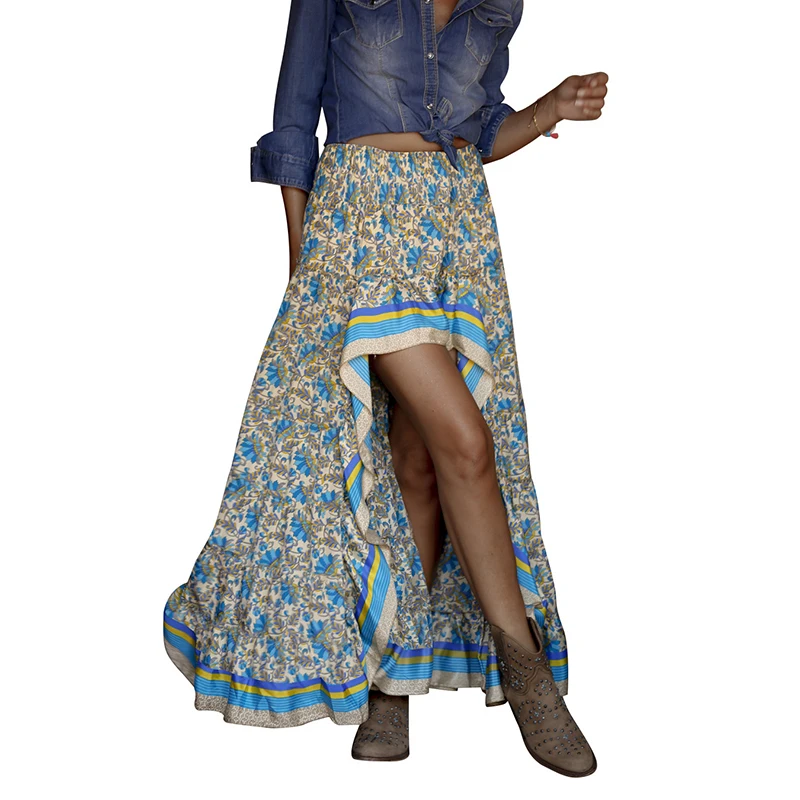 

2021 new summer elastic waist bohemian seaside beach skirt irregular floral skirt all-match beachwear