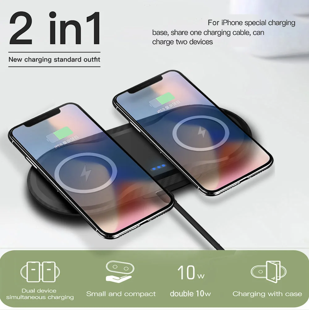 

2 In 1 Ultra Thin Wireless Charger Dual 10W Fast Charge Qi Wireless Charging Station For iPhone 12 11 Pro Max XR XS Samsung S10