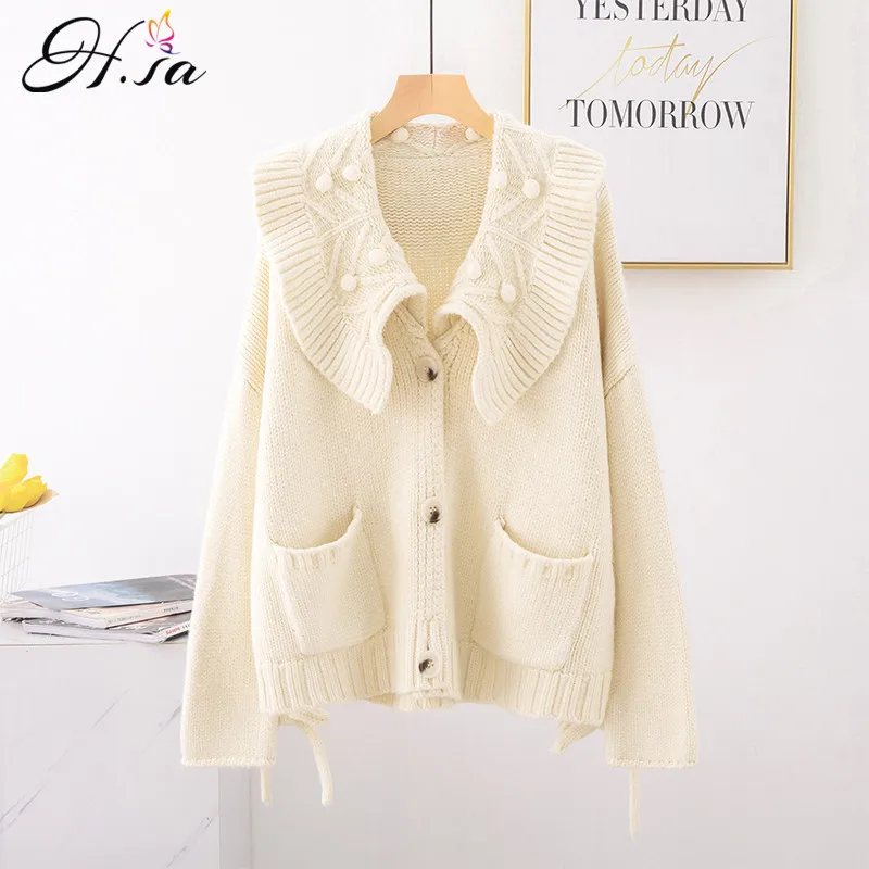 HF1960 Beige H.SA Women Winter Oversized Sweater Cardigans Big Collar Ruffles Loose Jumpers Green Beige Cardigans Feminino Button Up - Цвет: HF1960 Beige