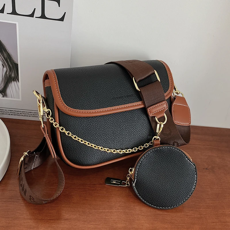 

Women Fashion Shoulder Bag Solid Color Pu Leather Crossbody Bags Flap Bag Luxury Chain Handbag For Women 2 Pcs/Set Messenger Bag