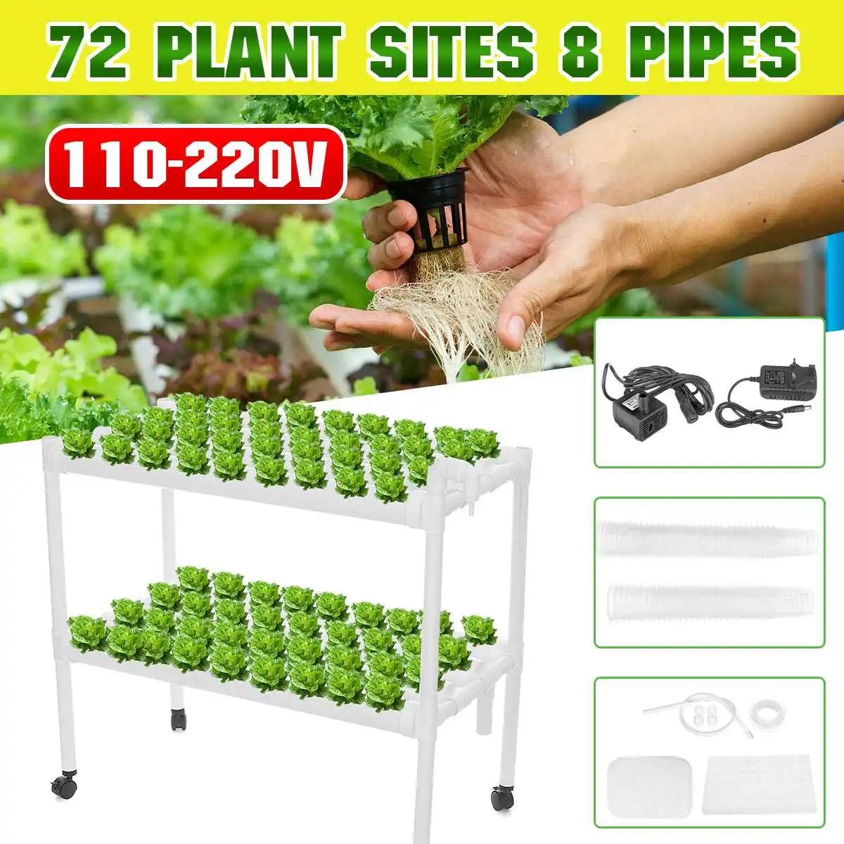 

72 Holes Hydroponic Piping Site Grow Kit Deep Water Culture Planting Box Gardening System Nursery Pot Hydroponic Rack 220V