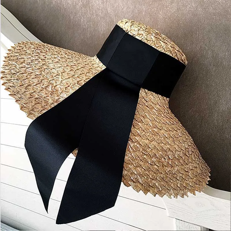 

Women Classical Wheat Straw Hat Summer Cap 18cm Large Wide Brim Sun Hat Elegant Floppy Ribbon Beach Hat Vocation Derby Hat