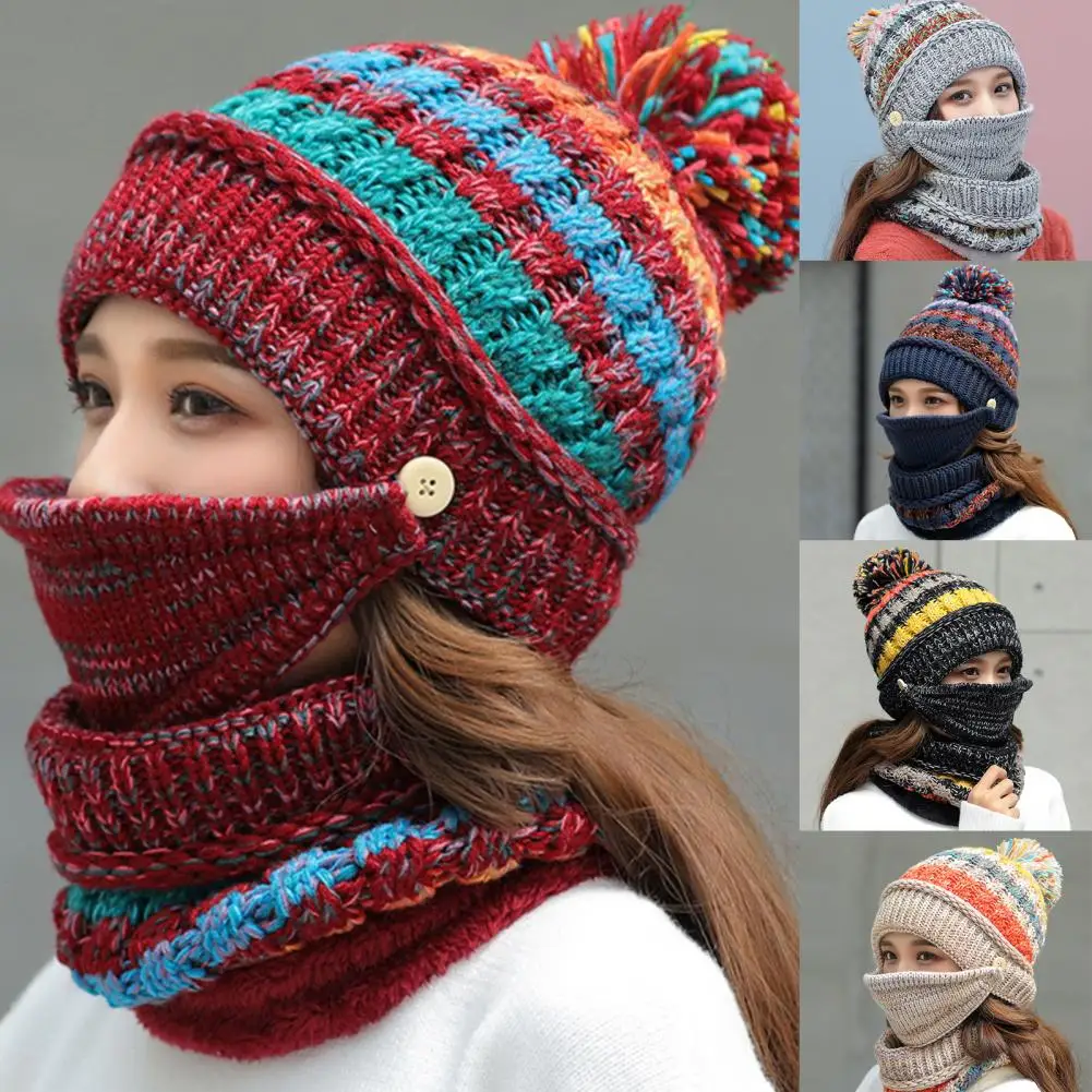 

Hat 3Pcs Women Winter Plush Knitted Hat Beanie Scarf Face Cover Cycling Warm Set