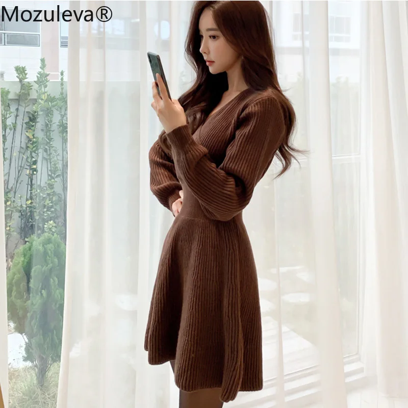 Mozuleva-Элегантное осеннее трикотажное платье с V-образным вырезом и узкой талией