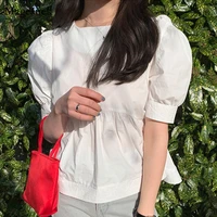korean summer sweet women tops 2021 loose round collar bubble short sleeve shirt new stitching cute white blouse blusa 14038