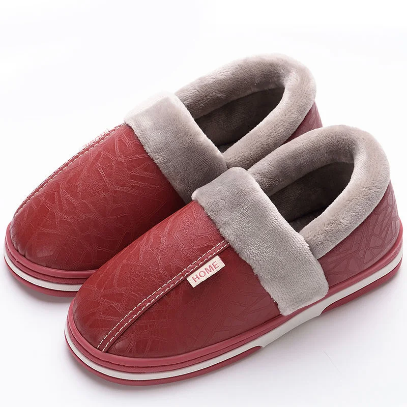 

Man's Leather Waterproof Slippers Boys Slip on Home Soft Shoes Mules Couples Furry Slides Men Winter Shoes Unisex
